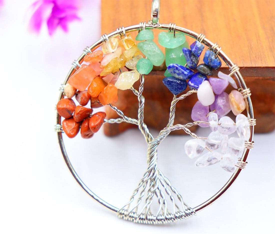 Baum des Lebens Anhänger Halskette, Edelstein Chakra-Anhänger, Kupfer Chakra Edelstein Halskette, Lebensbaum Halskette, 7 Stein Chakra Reiki Energietherapie Heilung Fashion Schmuck, für Damen Herren