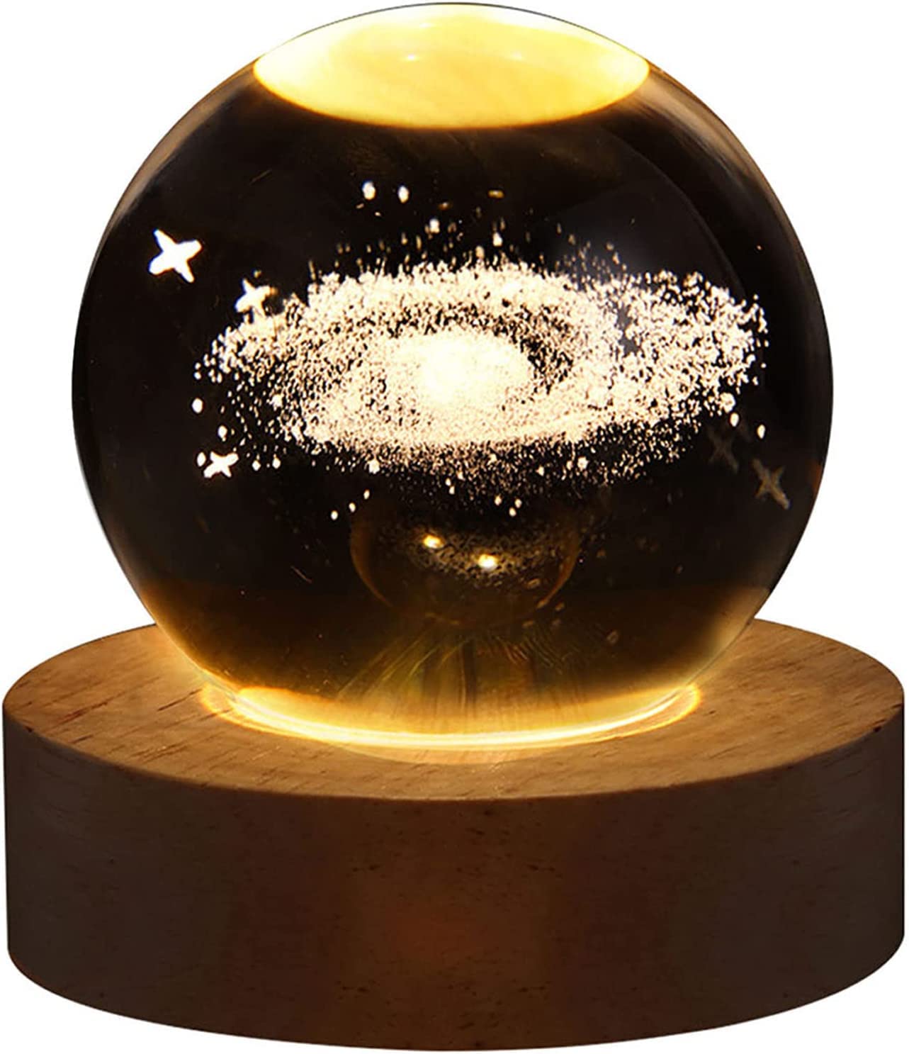 Demiawaking USB 3D Kristallkugel mit Holzsockel 3D Sonnensystem mit LED, Tischdeko Planet Lampe Nachtlicht, Geburtstag Kinder Geschenke, Party Deko (Milchstraße mit Quadrat Holzsockel)