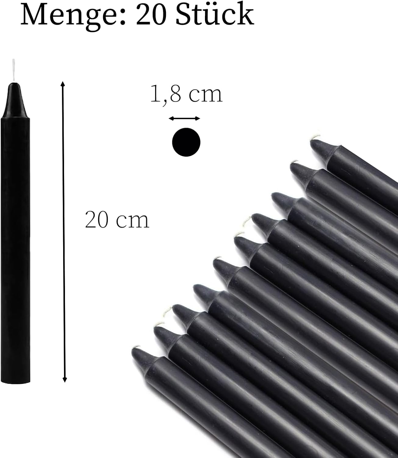 20 Taper Candles, Premium Black Candles, Black Candles, Diameter 1.8 cm, 20 cm, Taper Candles Black Long, Odourless Taper Candle for Table Decoration, Banquet, Wedding