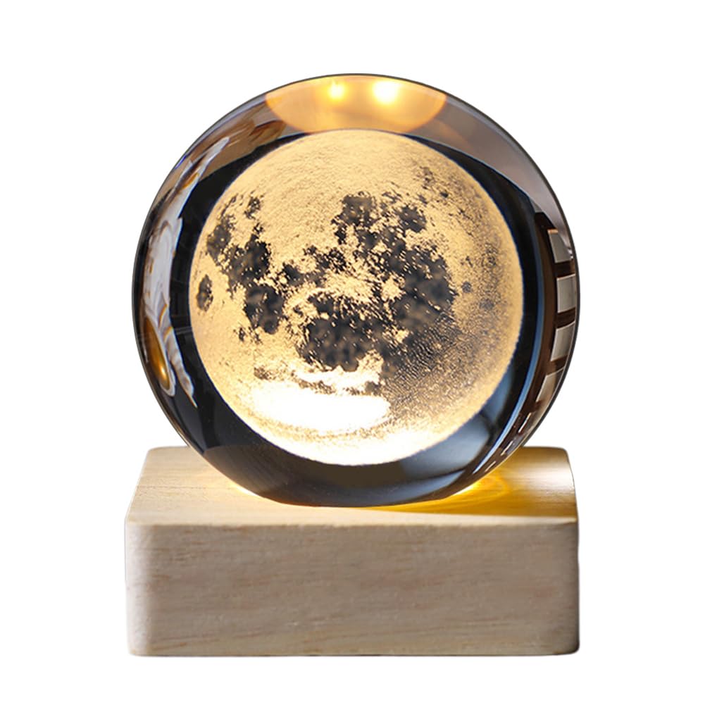 Demiawaking USB 3D Kristallkugel mit Holzsockel 3D Sonnensystem mit LED, Tischdeko Planet Lampe Nachtlicht, Geburtstag Kinder Geschenke, Party Deko (Milchstraße mit Quadrat Holzsockel)