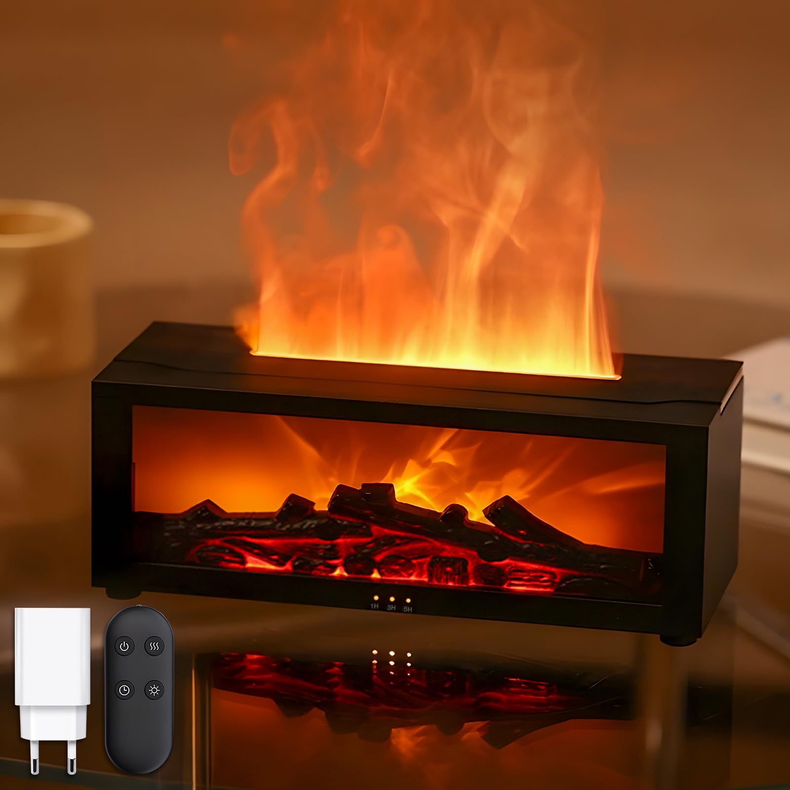 Holwim Aroma Diffuser mit LED Kamin, Duftöl Diffusor für Ätherische Öle mit 7-Farben-Licht Flammeneffekt, 150ml Luftbefeuchter mit Fernbedienung, 4 Timer, Wasserlose Abschaltautomatik (Schwarz)