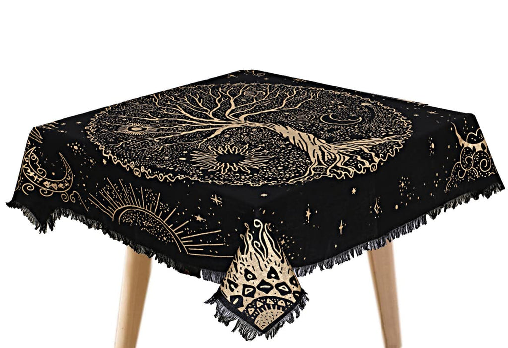 THE ART BOX Altar Cloth Tarot Cards Napkins Witchcraft Accessories Black Gold Tablecloth Square Spiritual Heavenly Cloth with Fringes, Tree of Life, 18 x 18 Inches