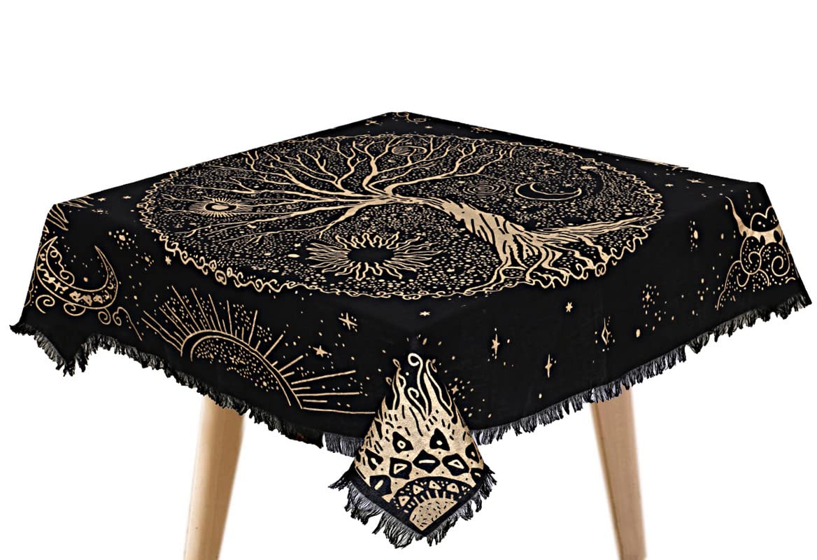 THE ART BOX Altar Cloth Tarot Cards Napkins Witchcraft Accessories Black Gold Tablecloth Square Spiritual Heavenly Cloth with Fringes, Tree of Life, 18 x 18 Inches