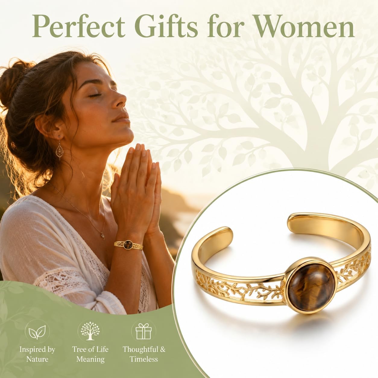 Tiger Eye Tree of Life Cuff Bracelet 14k Gold Plated Open Bangle