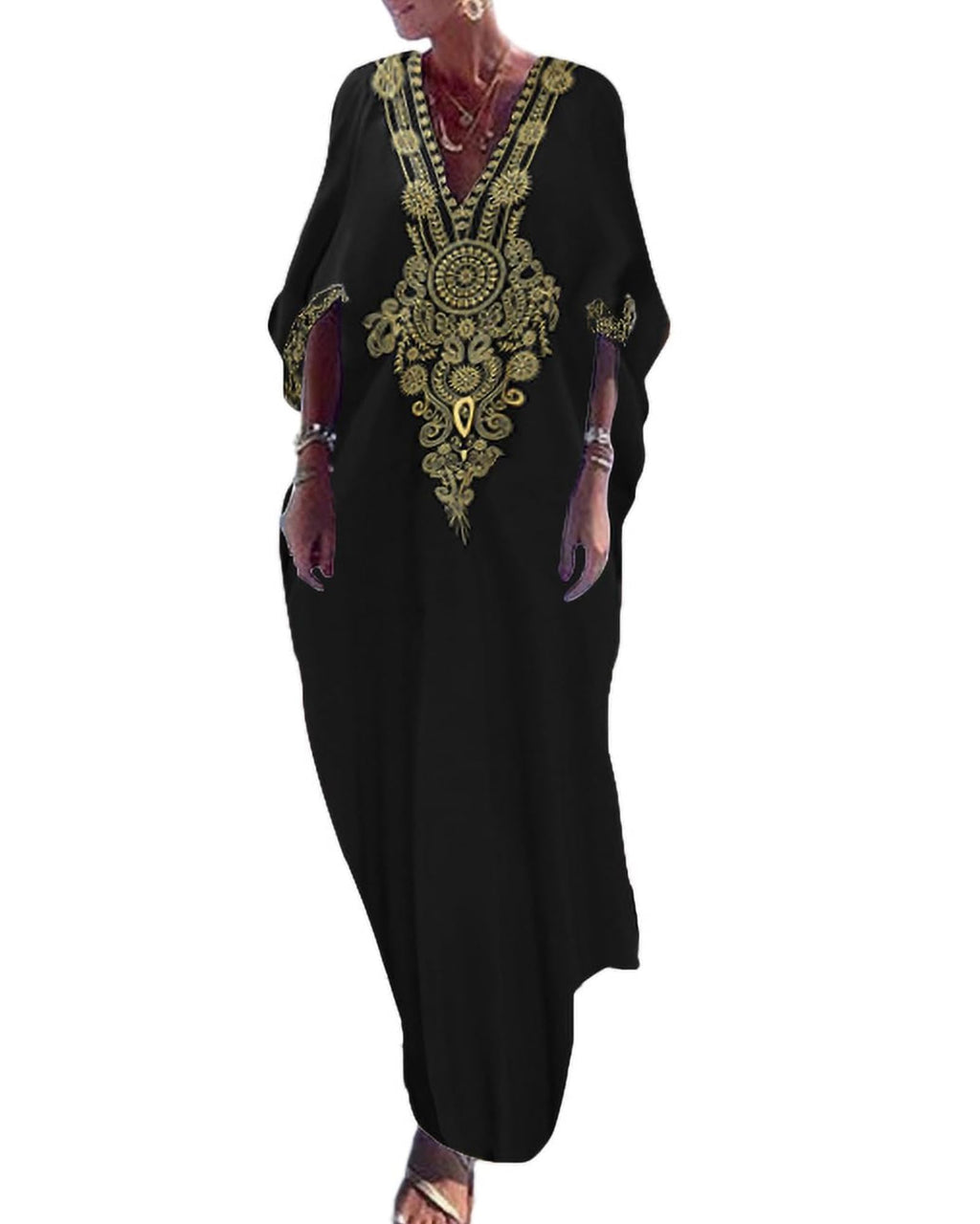 Bsubseach Gold Embroidery Long Kaftan Dresses V Neck Caftan Dress Beach Cover Ups for Women Embroidery