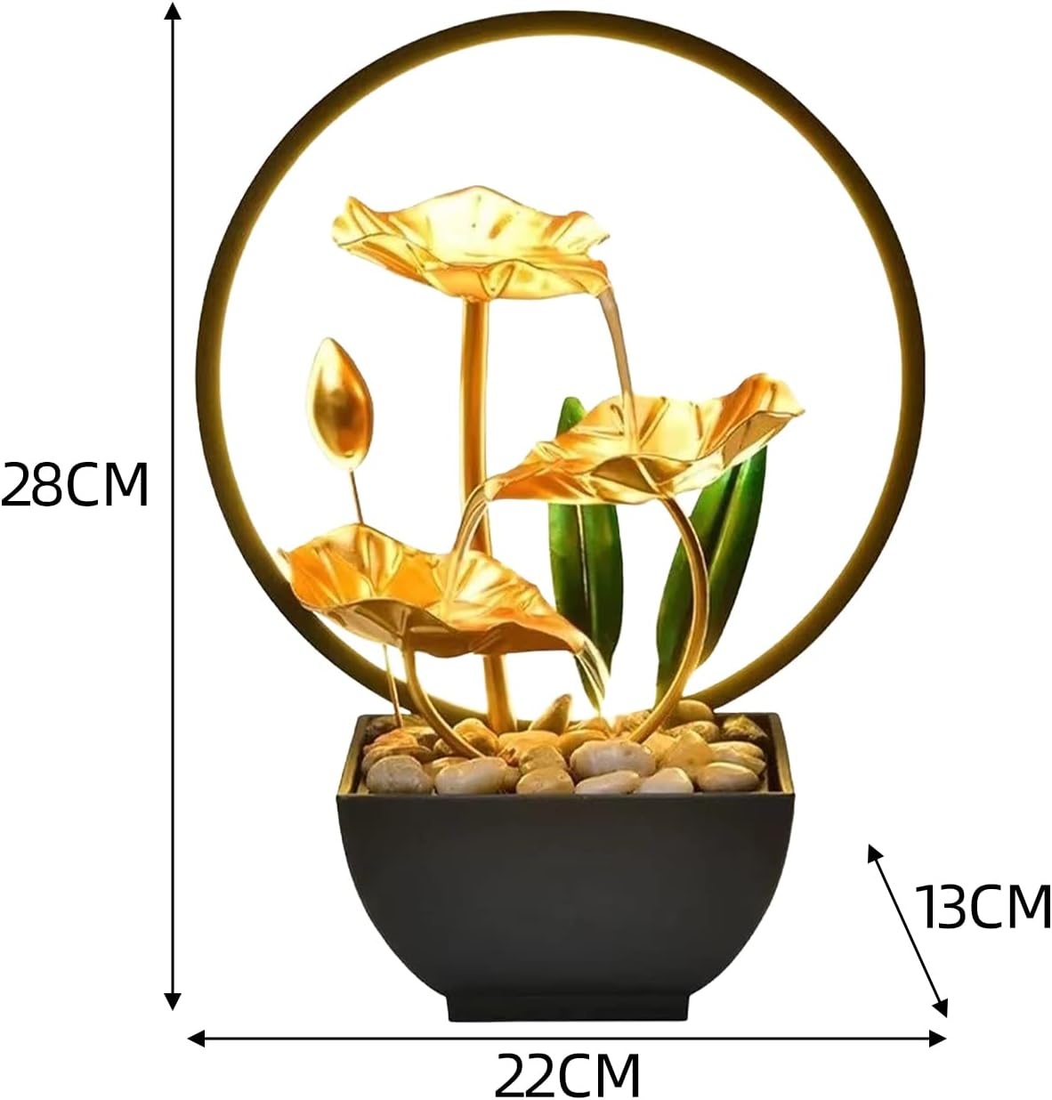 Tuzsocr Zimmerbrunnen LED, Tischbrunnen mit Beleuchtung Wasserfall, Moderne Zen Deko mit geräuschloser Pumpe, Entspannung Meditationsdekoration für Haus, Büro, Garten, Wohnzimmer, H 28 cm