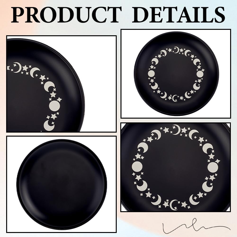 CREATCABIN Phase Moon Star Opferschale Altar Ritualteller Schale Edelstahl Flache Schale Rund Schmucktablett Gebet Tarotteller Schwarzer Ringhalter Schmuckstück Mit Karte Zum Räuchern Dekoration 14cm