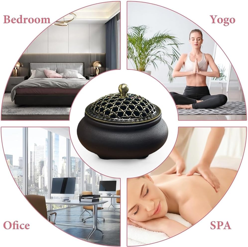 Weihrauchbrenner Keramik, Räuchergefäß Räucherstäbchenhalter, Chinesisch Porzellan Räucherschale mit Feuerfeste Matte und Metall Deckel, Incense Burner für Home Deko Geschenk