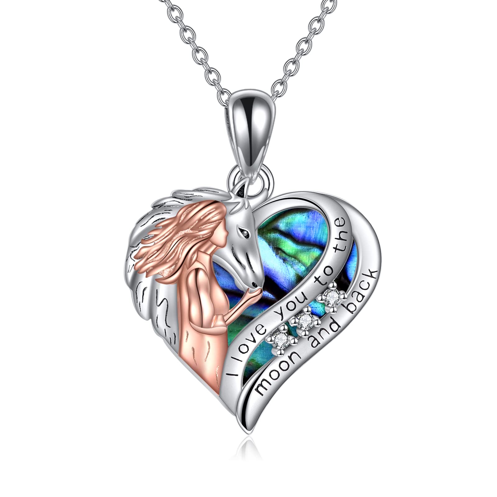 YAFEINI Pferde Kette Schmuck Geschenke Sterling Silber Ich liebe dich bis zum Mond und zurück Pferd und Mädchen Liebe Herz Anhänger Halskette für Damen Mädchen