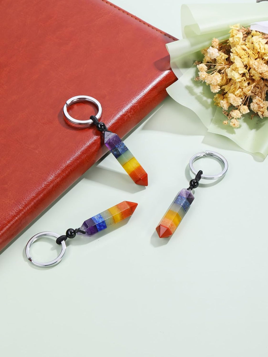 Zysta Gemstone 7 Chakra Keyring Natural Healing Stones Key Ring Hexagon Pendant Healing Reiki Energy Therapy Lucky Keychain for Men and Women, multi-coloured