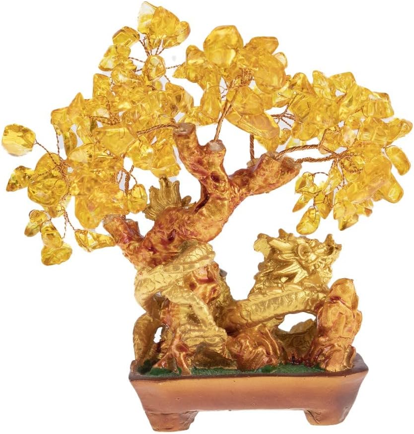 lachineuse - Drachenbaum aus gelbem Citrin – Feng Shui Baum 19 cm – asiatische Dekoration Japanischer Drache – Glücksbaum mit goldenem Drachen – asiatische Deko mit Edelsteinen – Objekt Japan Zen