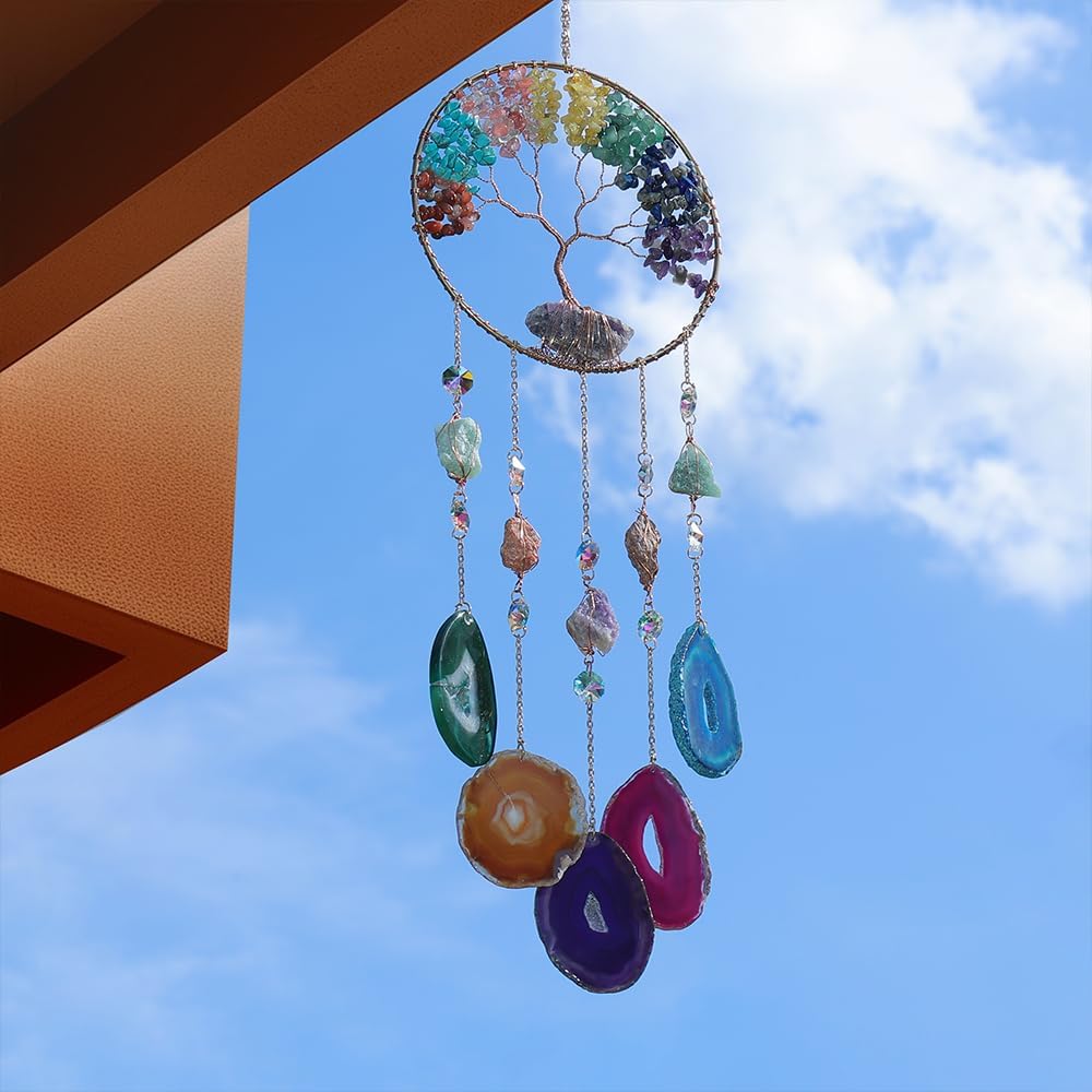 Moon Agate Dream Catcher Handmade Tree of Life Wall Decor with Stones