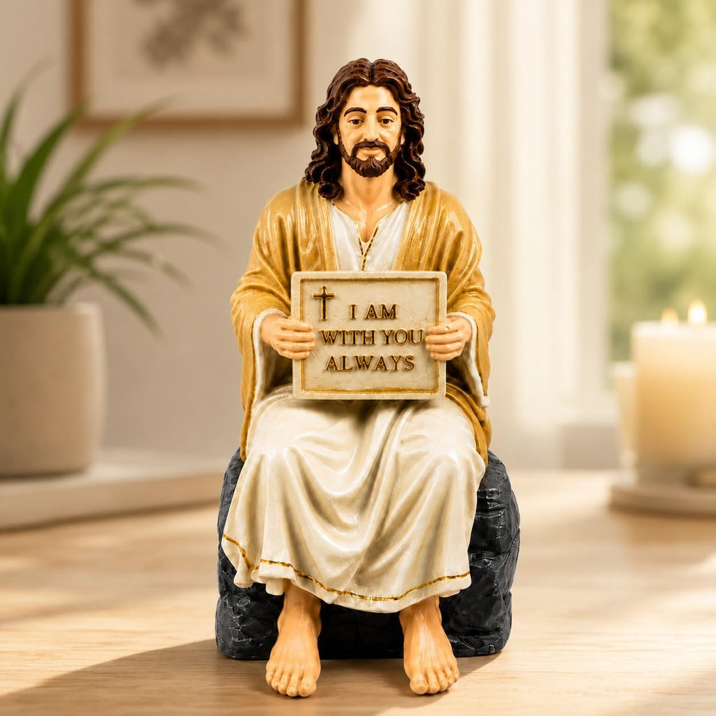 Jesus Christ Statue Peaceful | Handcrafted Polystone Marble Figurine with I Am with You Always Plaque | Christian Home Décor Jesus Resin Idol for Home, Prayer Corner, Altar & Gifting