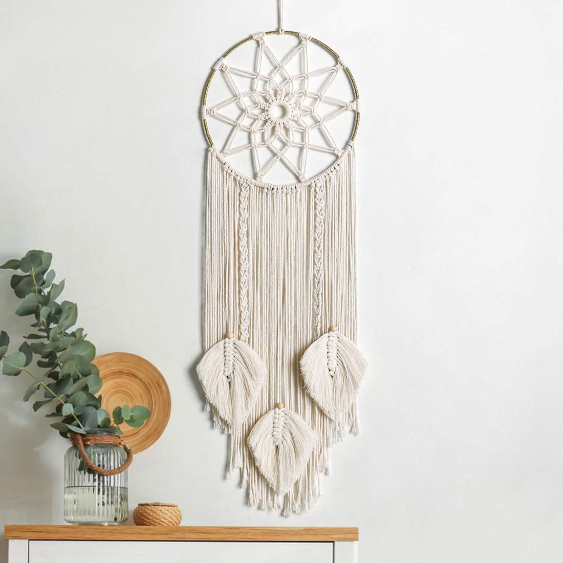 LOMOHOO Makramee Traumfänger Wandbehang Gewebte Feder Wandbehang Handgemachter Traumfänger Boho Quasten Dekoration Wohnkultur Ornament Bastelgeschenk für Schlafzimmer Wohnzimmer（kein Licht）