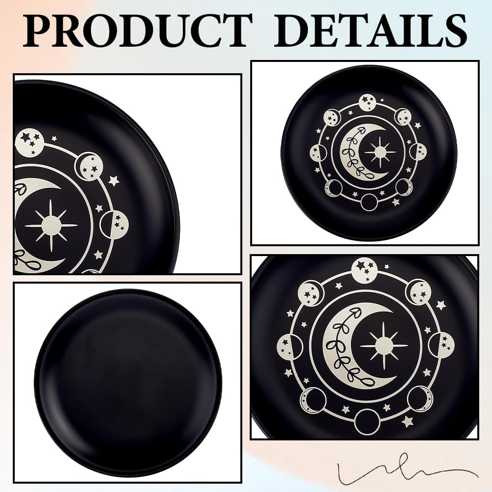 CREATCABIN Phase Moon Star Opferschale Altar Ritualplatte Edelstahl Flache Schale Rundes Tablett Gebetsschale Kerzenhalter Mit Karte Schwarze Schmuckschale Zum Räuchern Räuchergefäß Dekoration 14cm
