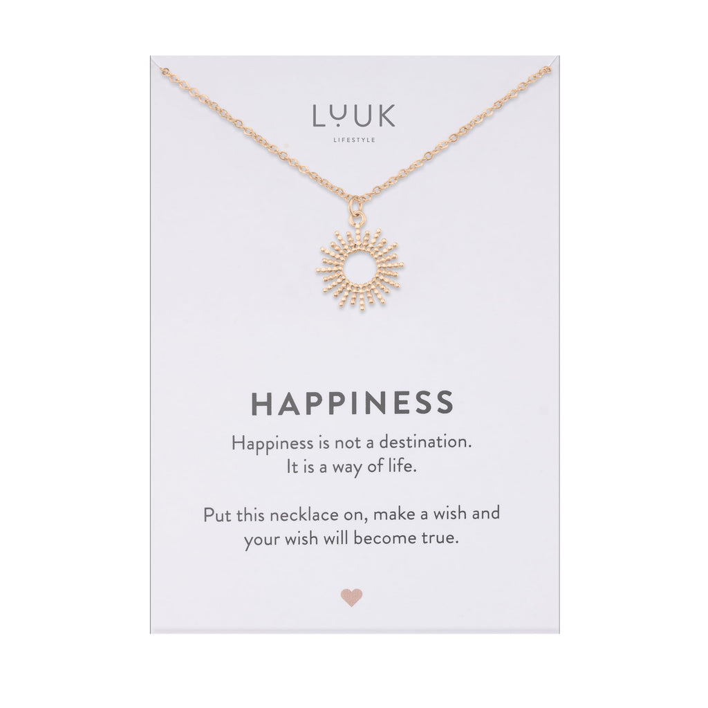 LUUK LIFESTYLE Filigrane Halsketten mit Anhänger und Karte mit HAPPINESS Spruch, zeitloses Design und moderne Motive, in Silber, Gold und Rosegold