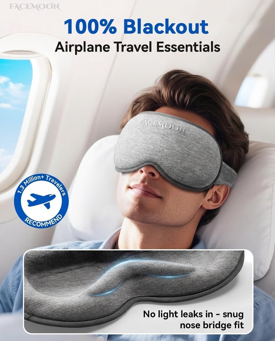 3D Blackout Weighted Eye Mask for Sleep, Airplane Travel Essential | Long flights, road trips, gentle weighted comfort, deep cups, lash-friendly, adjustable strap, daytime naps for men & women