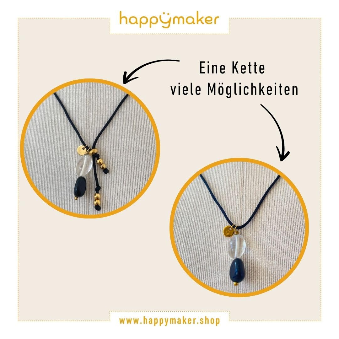 happymaker - Schwarzer Turmalin Kette mit Bergkristall, Stoffband mit 18k vergoldeten Perlen und echten Edelsteinen, Turmalin und Bergkristall Anhänger, lange Kette Damen, handgefertigt in Deutschland