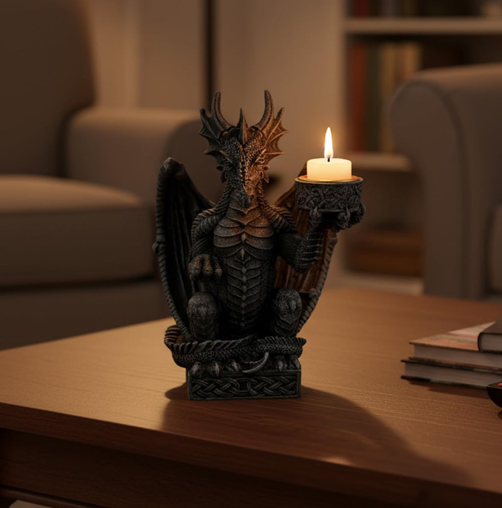 Dragon Candle Holder Figure 16 cm - Mystical Dragon Candle Holder Made of Polyresin - Fantasy Decorative Figure for Living Room, Shelf & Altar - Hand-Painted Dragon Statue with Candle Holder - Gothic