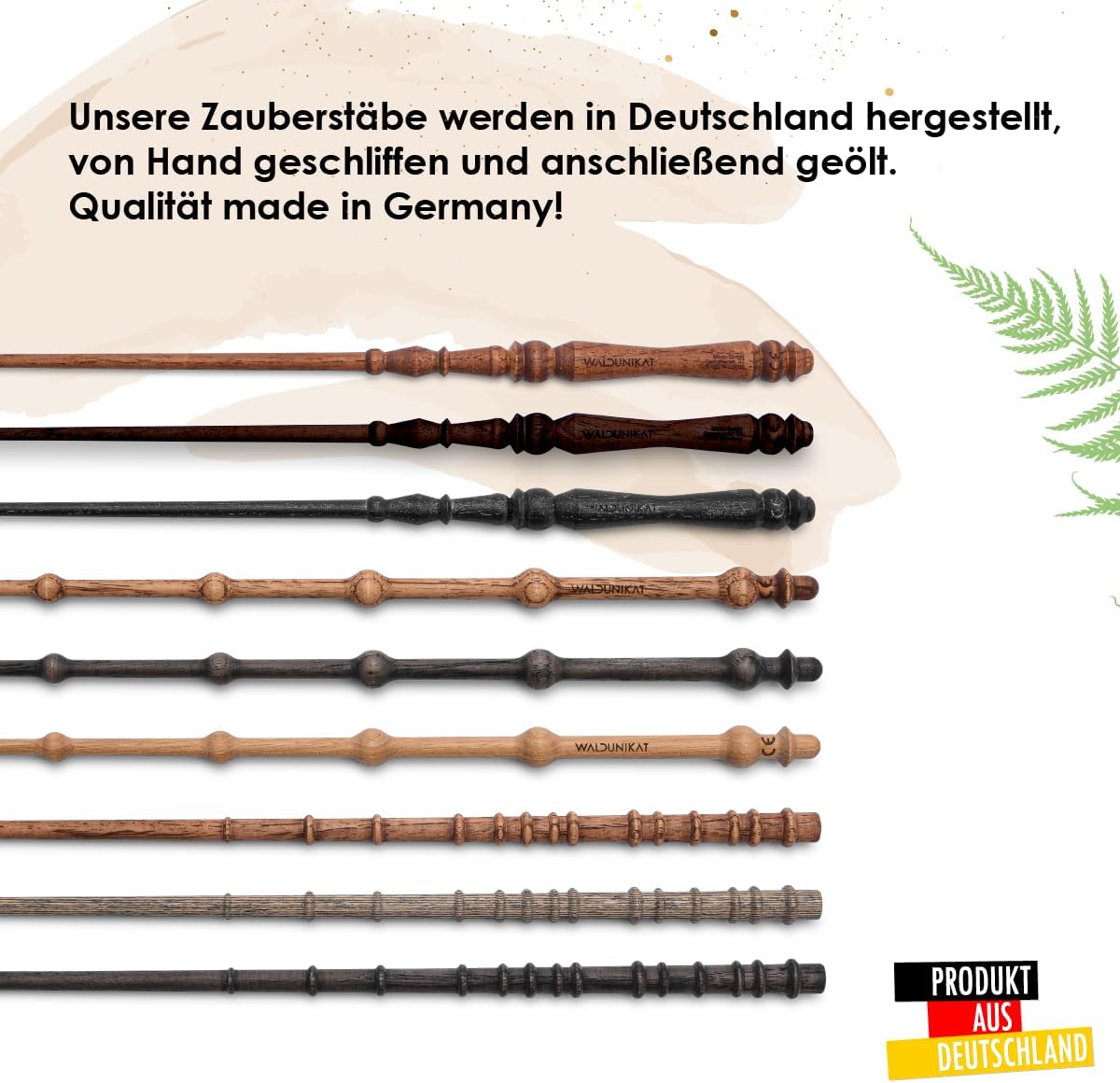 WALDUNIKAT® Zauberstab aus Holz – Made in Germany – Spielzeug, Geburtstags-Geschenk, Deko, Kostüm für Erwachsene, Kinder, Damen, Herren, Mädchen (No. 1 - Schwarz-Glitzer)