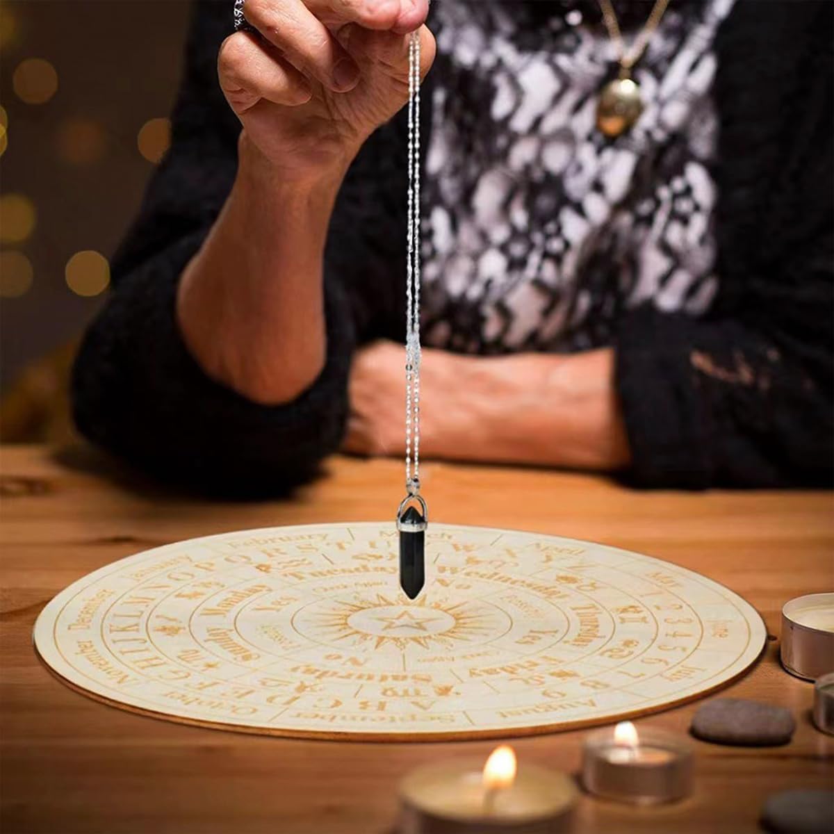 VOANZO Stern-Holz-Pendelbrett, 25 cm, Wahrsagetafel mit Einer Kristall-Halskette mit Wünschelrute, Wahrsagen, metaphysisches Nachrichtenbrett, Hexerei-Set, Wicca-Altar-Zubehör