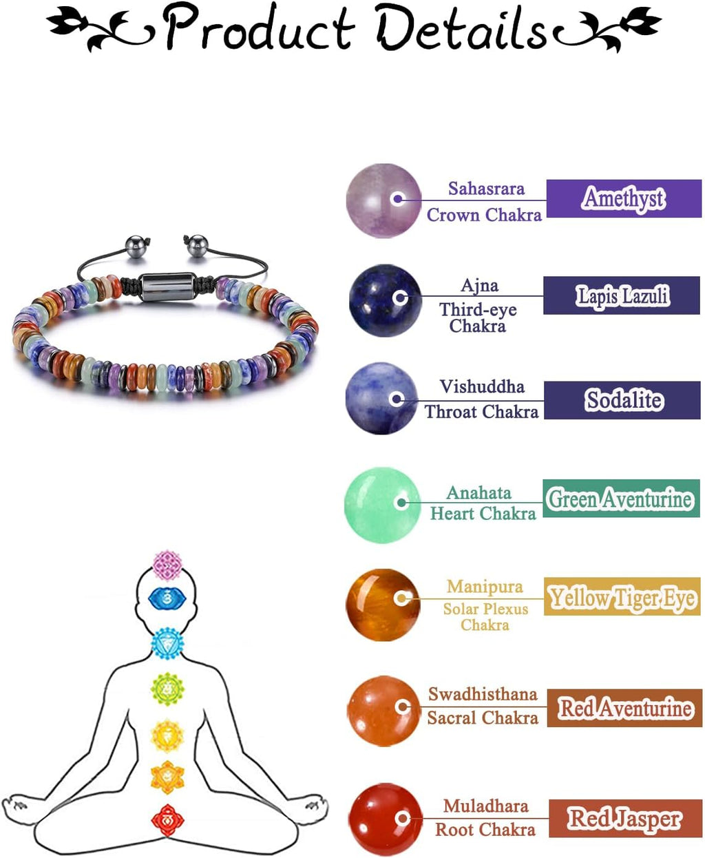 GEHECRST 7 Chakra Armband Edelstein Armbänder Natürliche Chakra Steine Yoga Armband Healing Reiki Energietherapie Glückbringen Edelstein für Damen Herren (Stil 6)