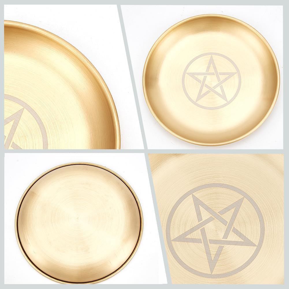 CREATCABIN Pentagramm Altarplatte Stern Tarotplatte Rituelles Brennen Kerzenhalter Teller Schalen Opfergaben Weihrauchbrenner Flache Schale Mit Altarkarte Tarotzubehör Für Hexerei Wicca Golden 14x14cm