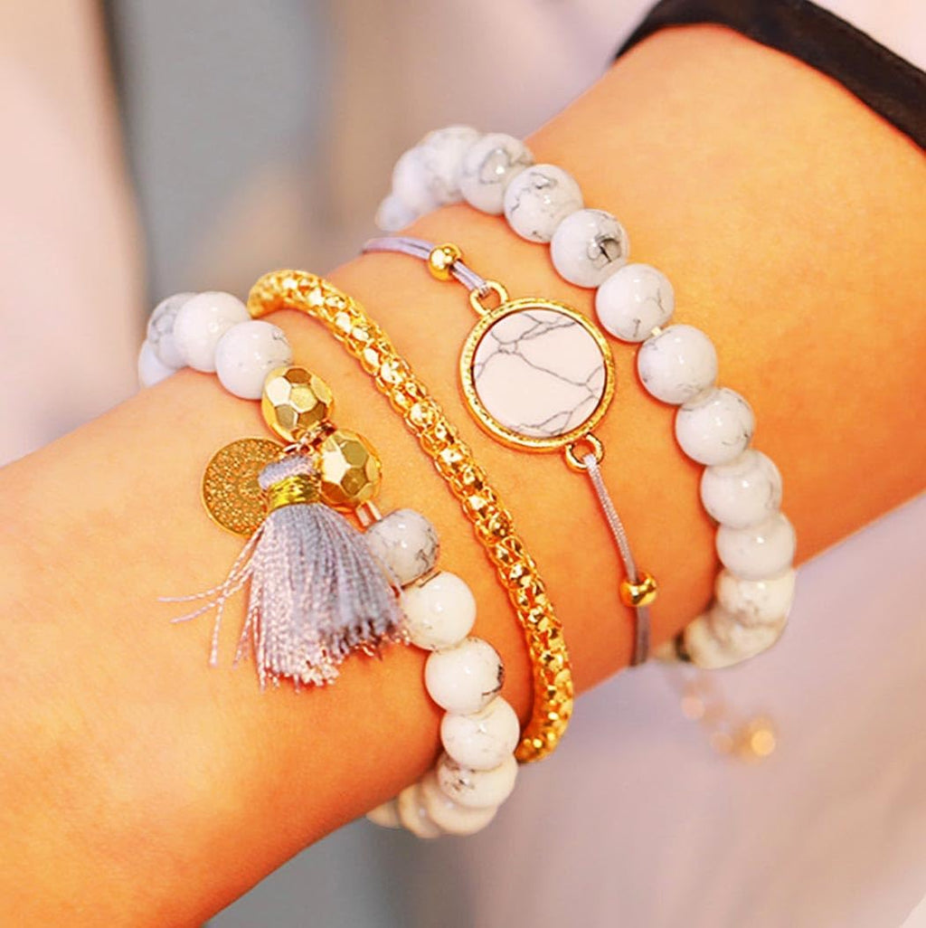 Edary Armband-Set mit Quasten, weißes Marmor-Armband, mit Herz, Perlen-Handkette, verstellbar, für Damen und Mädchen (4 Stück)