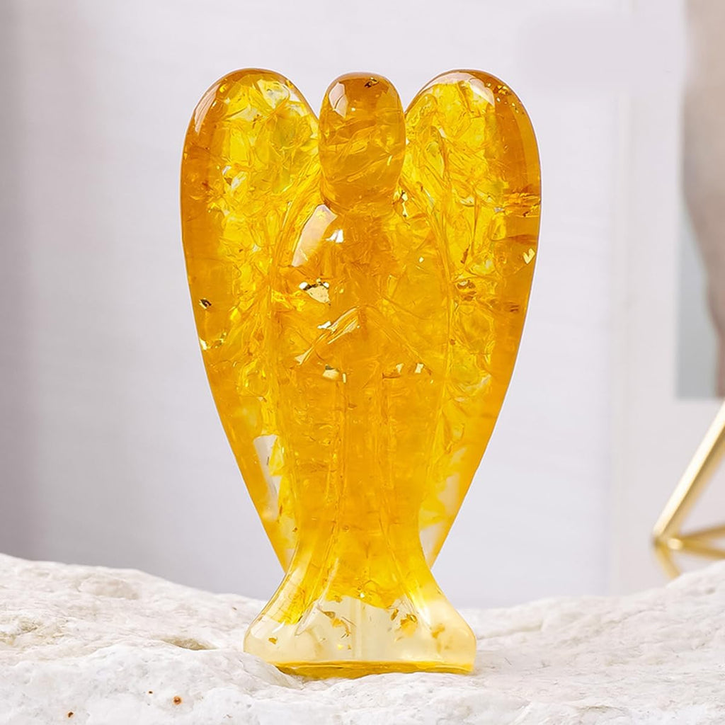Erliway 7.8cm Large Deep Citrine Crystal Guardian Angel Figures, Natural Healing Crystal Chips Resin Angel Statue for Peace Meditation Easter Home Decor Gifts