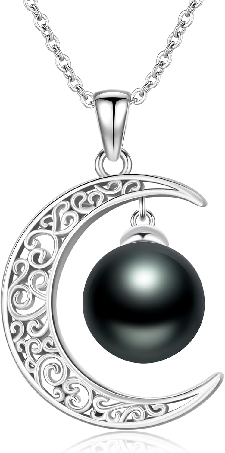 Black Pearl Pedant Necklace Celtic Moon for Womens ,Silver Forever Love 10mm Pearl 18"+2" inches Chain Neckalce for Mother's