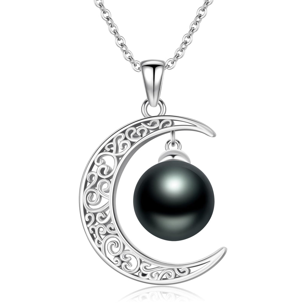 Black Pearl Pedant Necklace Celtic Moon for Womens ,Silver Forever Love 10mm Pearl 18"+2" inches Chain Neckalce for Mother's