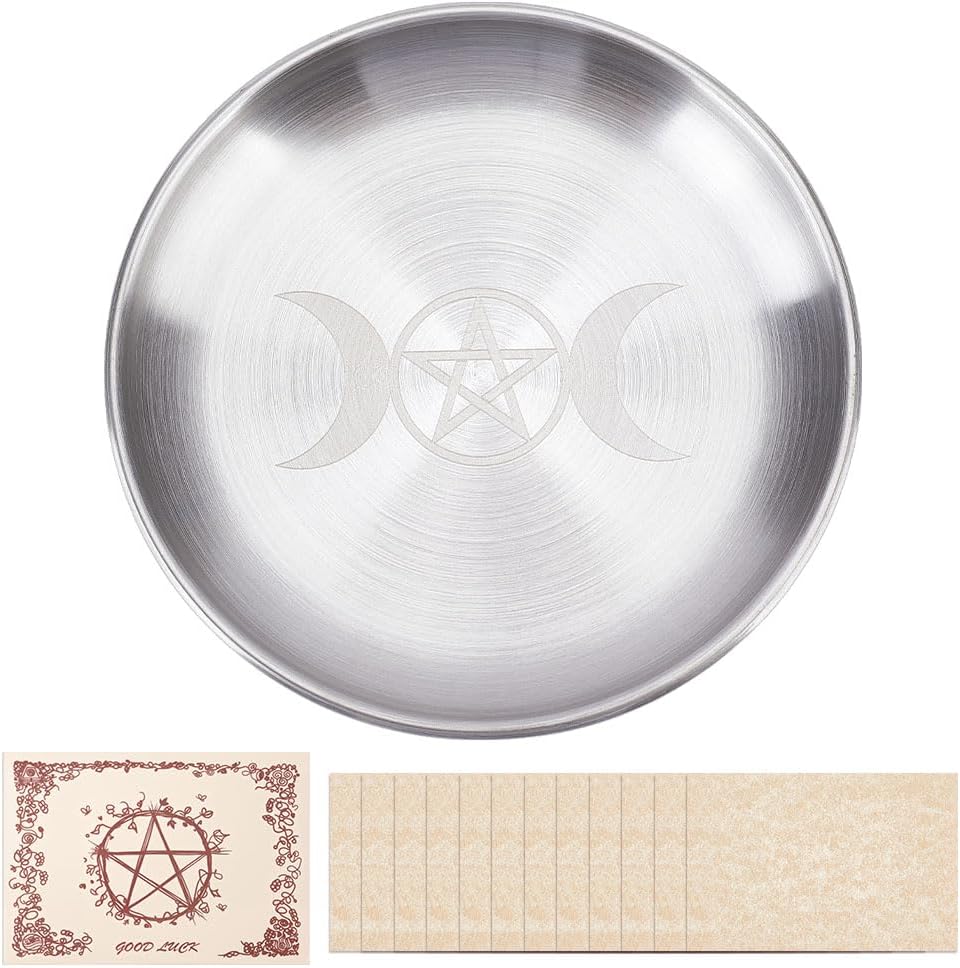 Altar Ritualteller Schüssel Edelstahl Flache Schale Rund Metall Mond Schmucktablett Astrologie Tarot Opferteller Ringhalter
