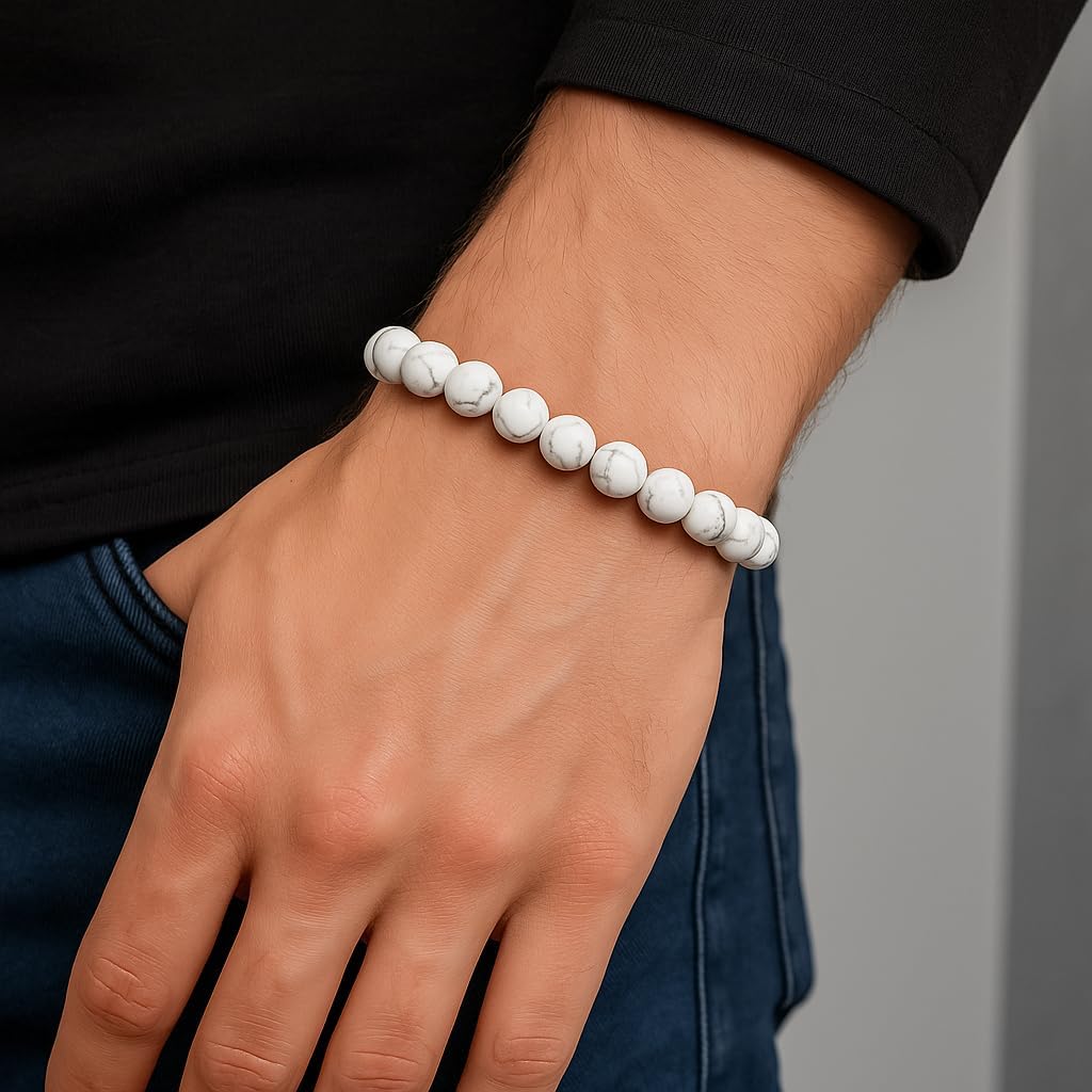 Chakra Bracelet White Turquoise (Howlite) - 8 mm Natural Stone Bead Bracelet Elastic - Handmade Healing Stone & Energy Bracelet - Women Men Kids Made in Germany, howlite, Turquoise
