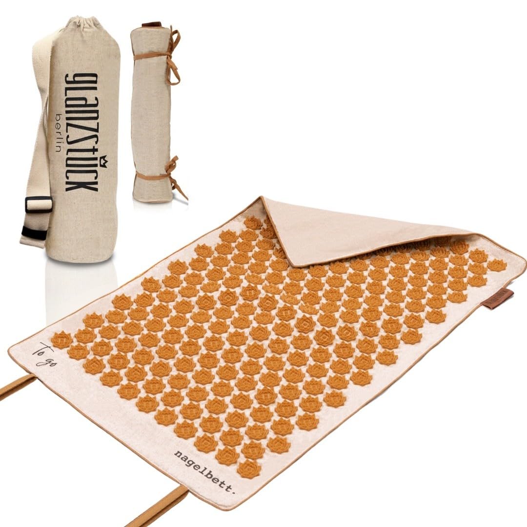 Glanzstück Berlin® Health Collection: XL Akupressurmatte Set ORIGINAL aus Leinen, Hilfe bei Verspannungen, Rückenschmerzen, Massagematte mit Kissen (Wärmefunktion) & Tasche, nachhaltig