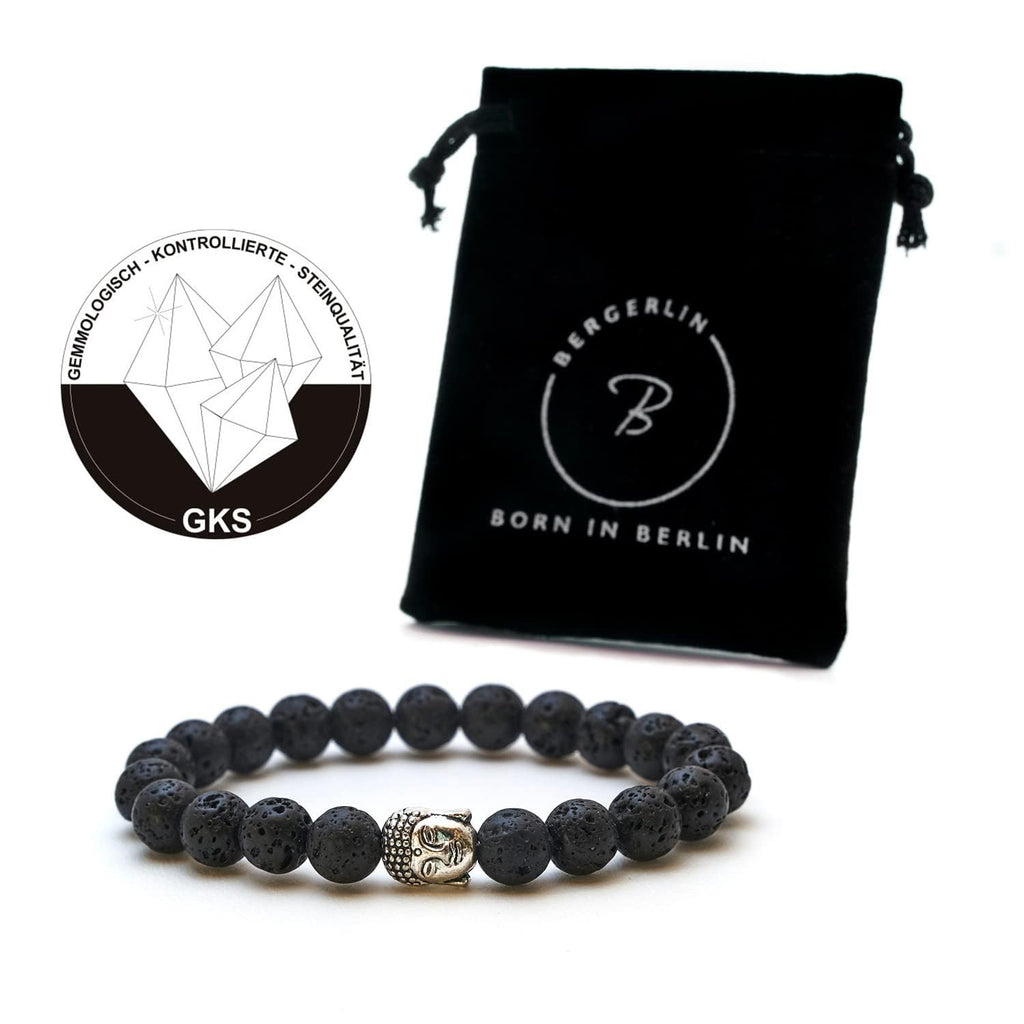 BERGERLIN Buddha Armband - Naturstein geprüft in Deutschland, mit echten Naturstein oder Lavastein Perlen - Naturstein Armband mit Echtheitszertifikat für Damen und Herren
