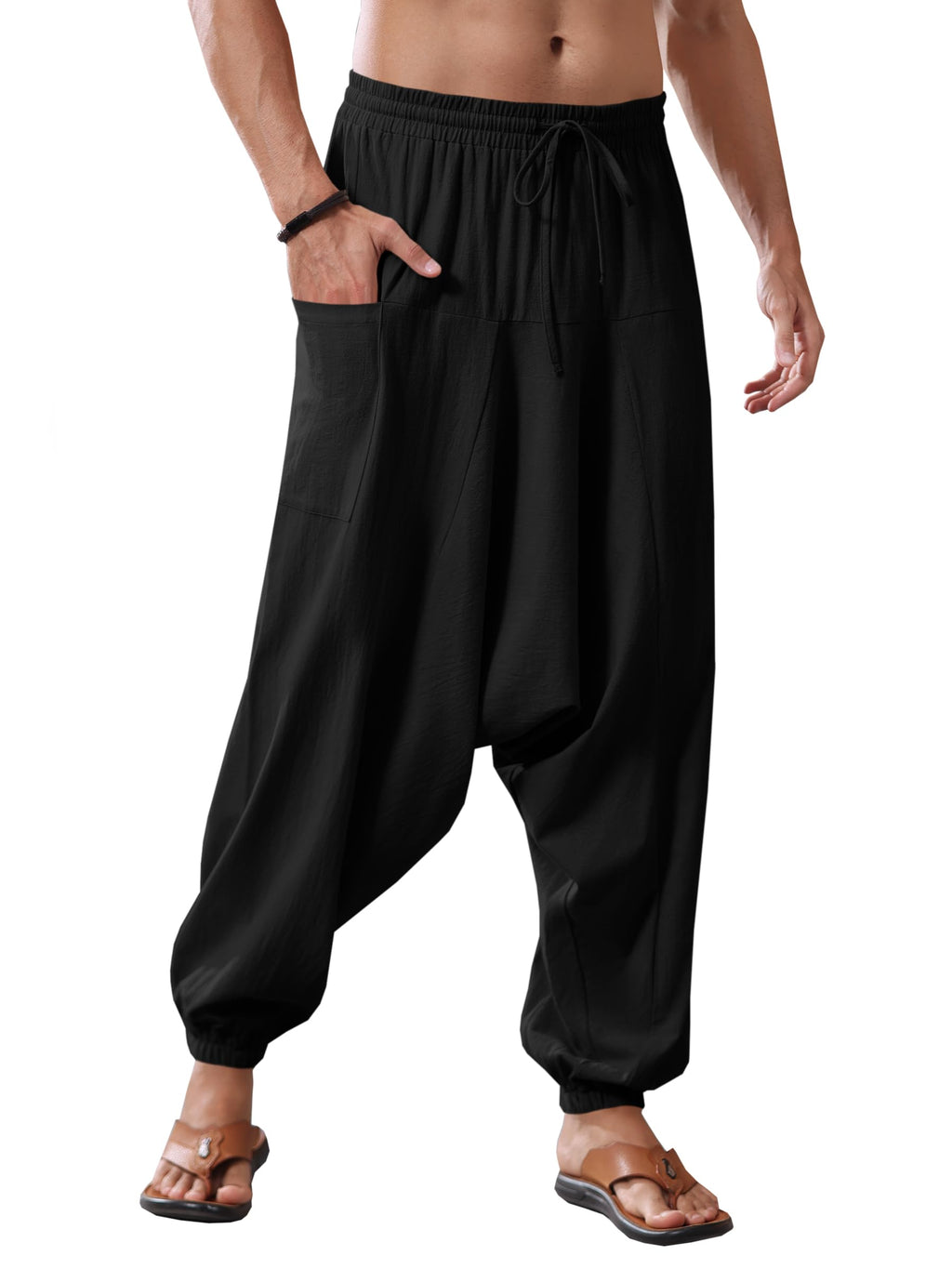 Runcati Mens Harem Pants Baggy Hippie Casual Cotton Linen Loose Boho Yoga Beach Drop Crotch Trouser