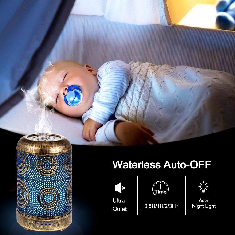 SALKING Aroma Diffuser Luftbefeuchter Humidifier, Handgefertigt Metall Diffusor für ätherische Öle, Automatisch Power-Off, 7 Farbe Licht Vintage Aromatherapie für Baby, Zuhause Büro oder Yoga