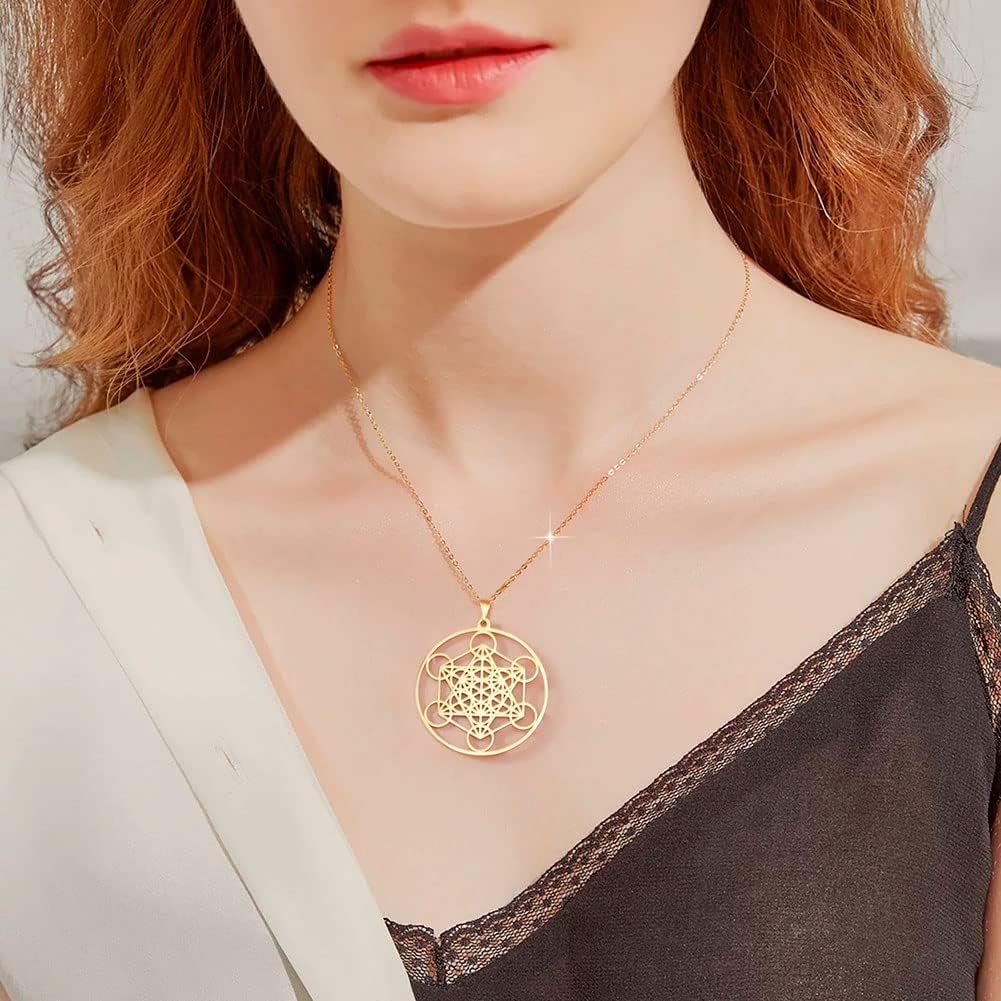 TEAMER Metatron Cube Necklace Sacred Geometry Pendant Seal of the Archangel Angel Necklace Stainless Steel Jewellery