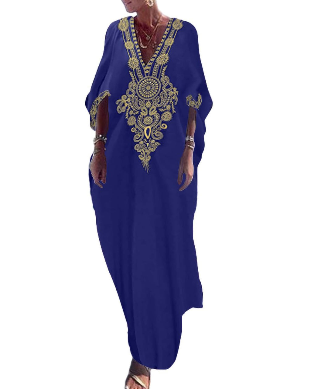 Bsubseach Gold Embroidery Long Kaftan Dresses V Neck Caftan Dress Beach Cover Ups for Women Embroidery