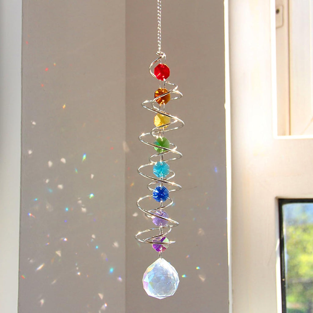 45cm Kristall Sonnenfänger Windspiel - Bunter Regenbogen Sonnenfänger mit Doppelspirale & Chakra Perlen - Dekorativer Hängender Suncatcher für Fenster,Garten,Balkon,Hochzeit - Innen & Außen Deko (A)