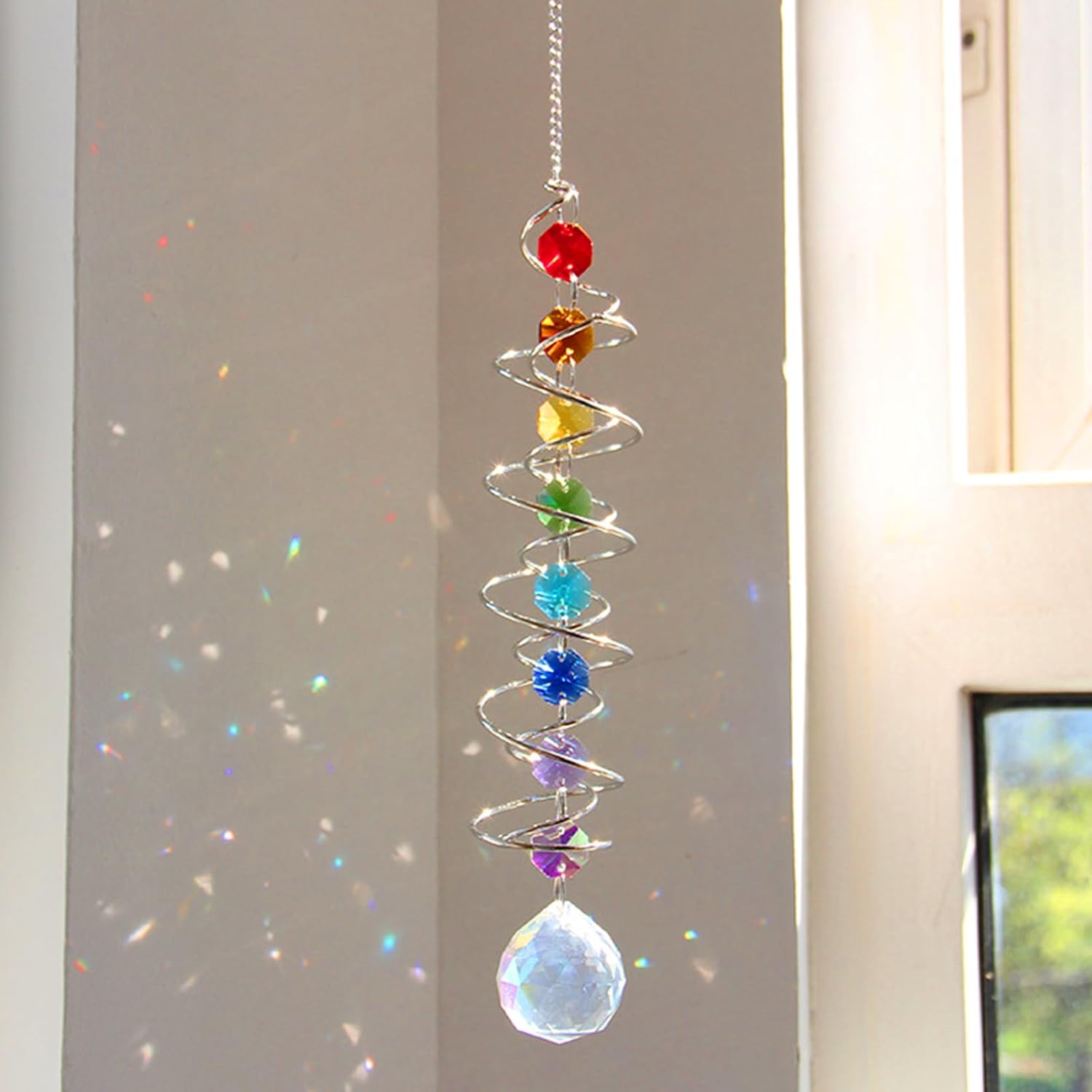 45cm Kristall Sonnenfänger Windspiel - Bunter Regenbogen Sonnenfänger mit Doppelspirale & Chakra Perlen - Dekorativer Hängender Suncatcher für Fenster,Garten,Balkon,Hochzeit - Innen & Außen Deko (A)