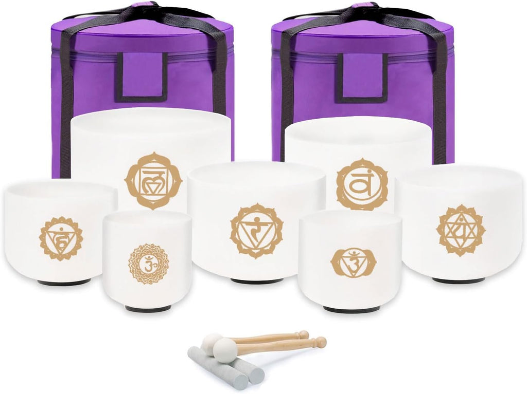 keepdrum Quarz-Klangschalen Chakra Set Gold 7-teilig 8-14 Zoll mit Zubehör