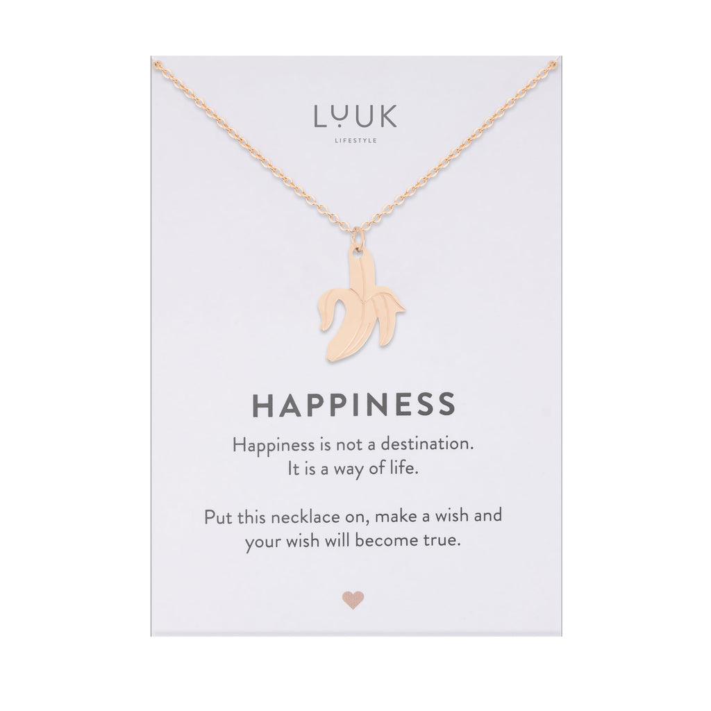 LUUK LIFESTYLE Filigrane Halsketten mit Anhänger und Karte mit HAPPINESS Spruch, zeitloses Design und moderne Motive, in Silber, Gold und Rosegold