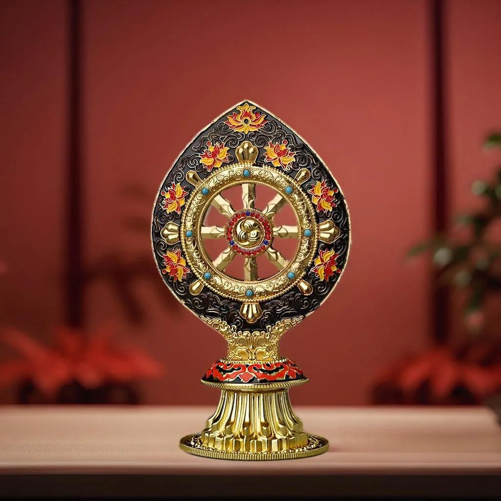 Peaceful Wheel of Dharma Statue - Gold Alloy Lotus Design for Zen Decor & Mindfulness, Spiritual Tabletop Art for Meditation, Yoga Studio & Home Office