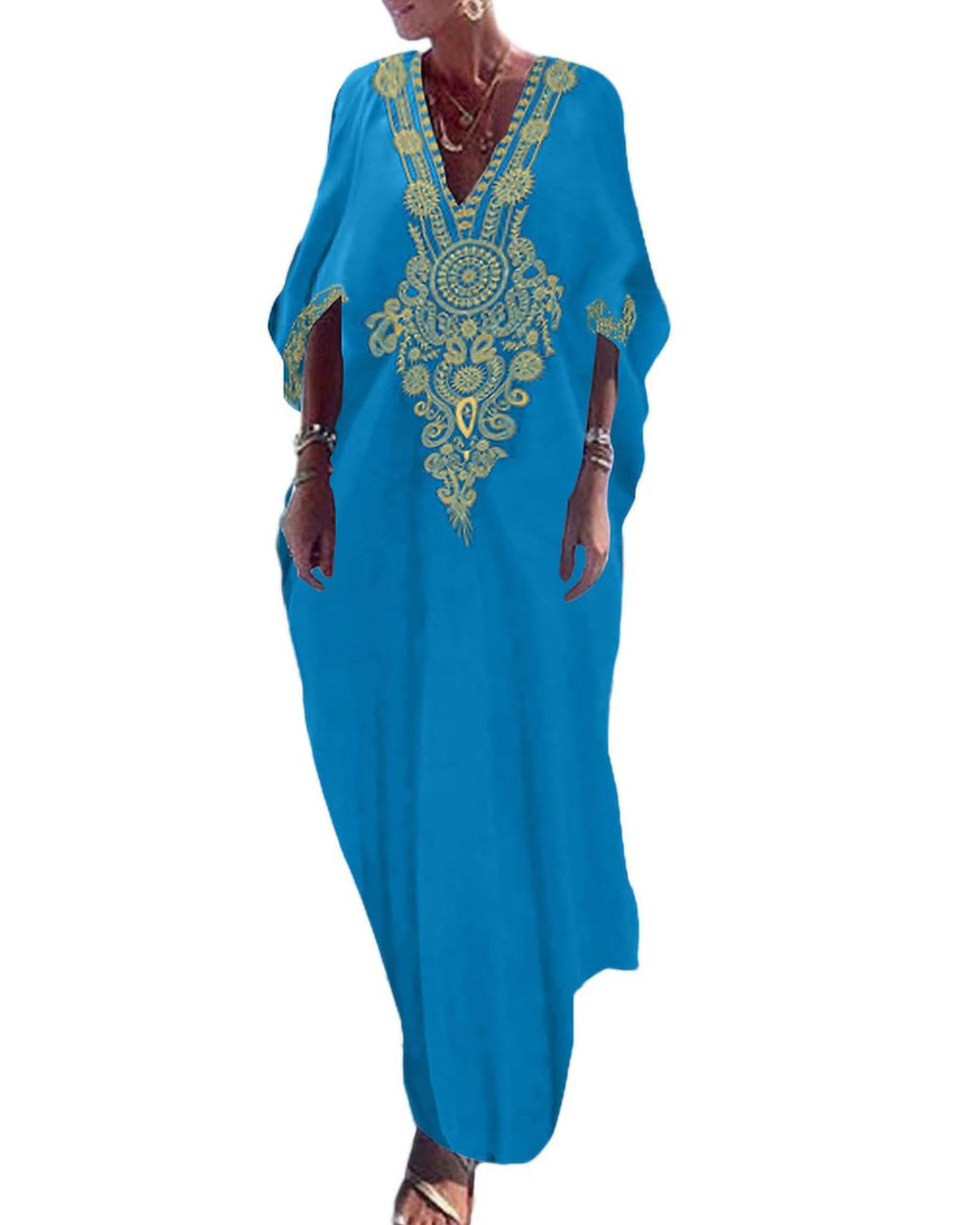 Bsubseach Gold Embroidery Long Kaftan Dresses V Neck Caftan Dress Beach Cover Ups for Women Embroidery
