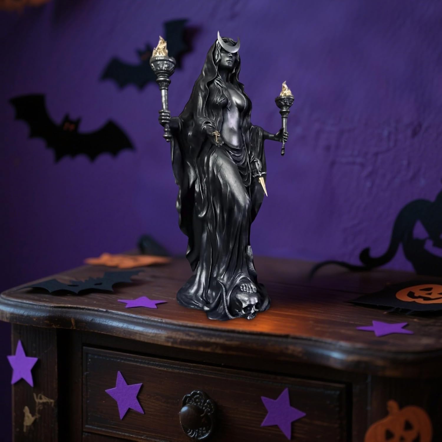 Generisch Hekate Niktipolos, the Witch of the Night, Underworld Hekate Phōsphoros Light Charm or Morning Star Statue, Hecate Greek Goddess with Her Dogs with Magic Resin Sculpture (#A)