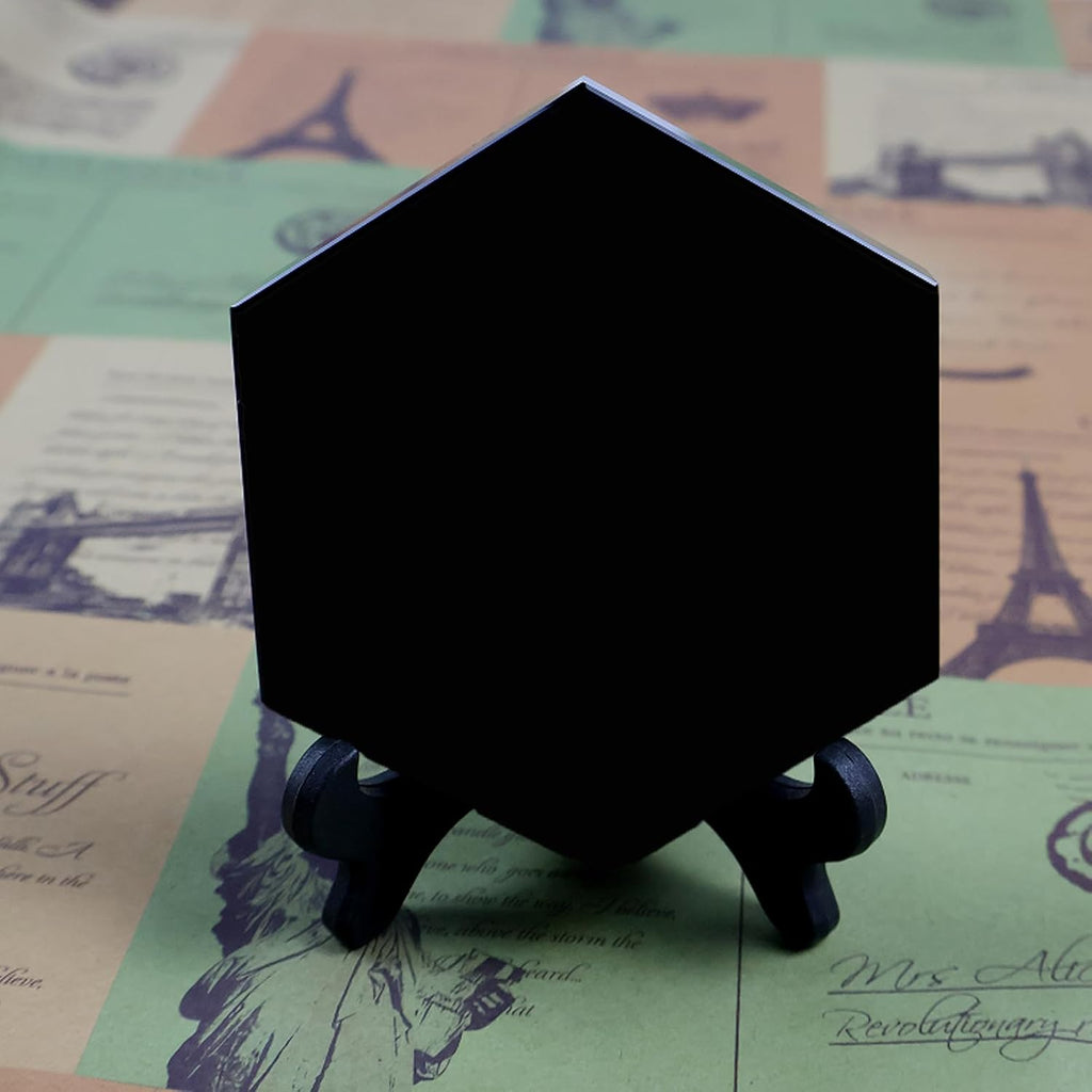 Schwarzer Obsidian Spiegel, Sechseck Schwarzer Obsidian - Wahrsagungswerkzeuge, Dekorativ für Meditation Mit Halterung (8cm)