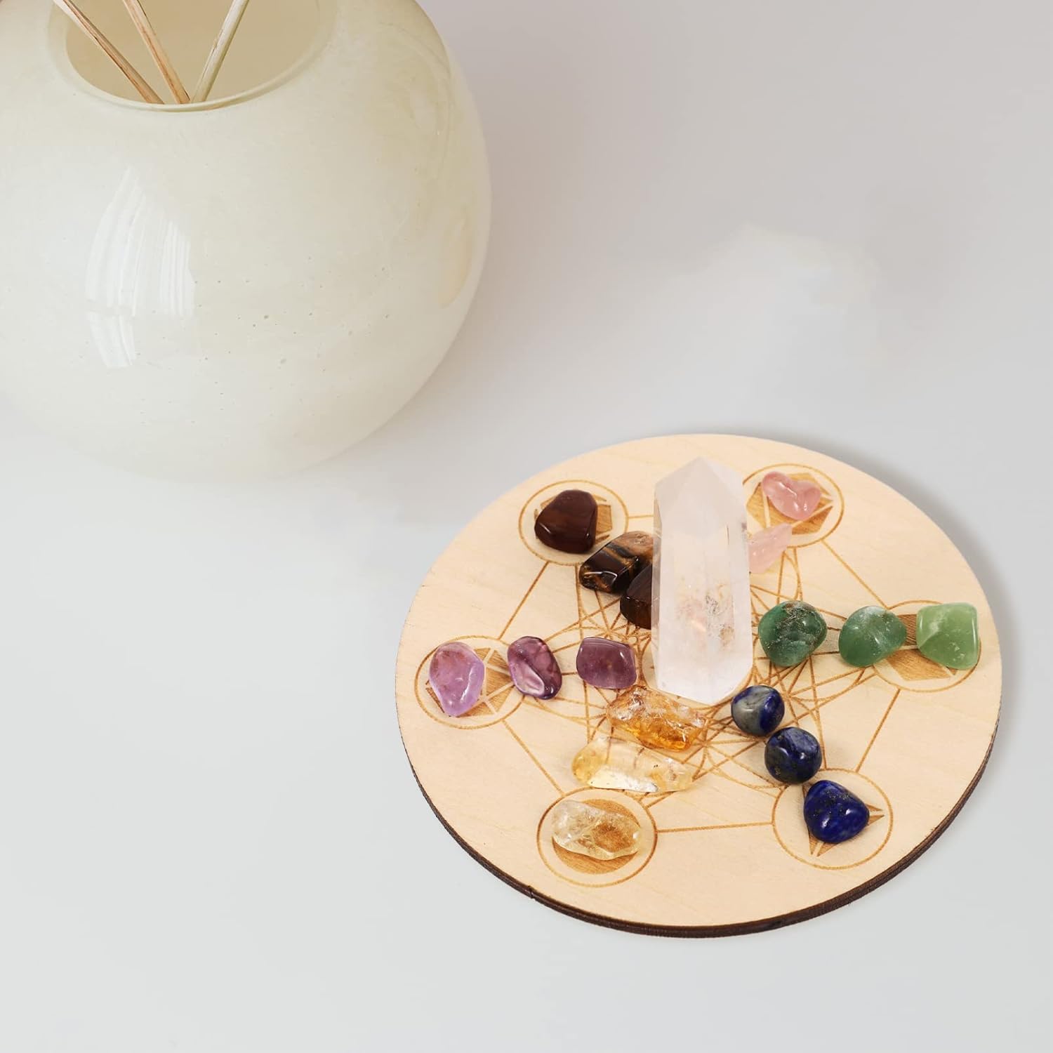 Artibetter Metatrons Cube Crystal Grid Sacred Geometry with Stone Chakra Raw Crystal Dots Mountain Sacred Geometry Wood Energy Grid Altars Supplies