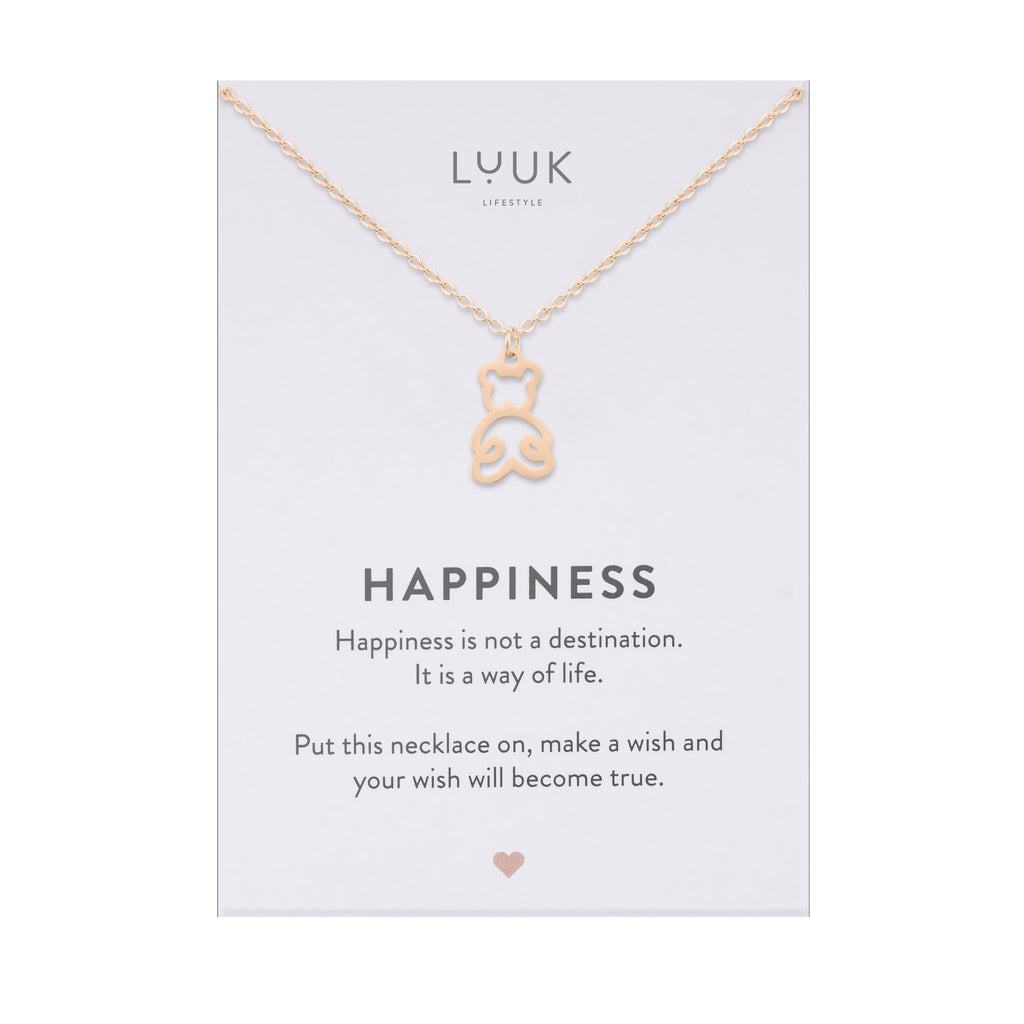 LUUK LIFESTYLE Filigrane Halsketten mit Anhänger und Karte mit HAPPINESS Spruch, zeitloses Design und moderne Motive, in Silber, Gold und Rosegold