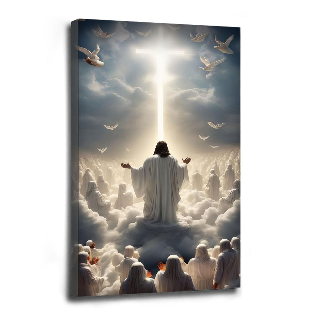 Jesus canvas painting spiritual artwork featuring a girl in a flowing white robe happily playing in a warm field of golden daisies. Adds a vibrant atmosphere to your home's sacred wall decor
